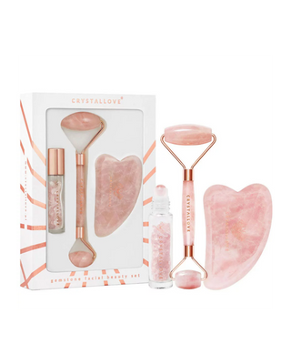 Gesichtsroller + Gua Sha Teller + Roll-on-Flasche Rosenquarz-Beauty-Set Crystallove