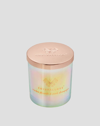 Sojawachs-Kerze mit Regenbogen-Fluorit und rosé Champagner im Glasbehälter Crystallove - 1
