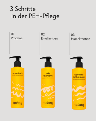 Set aus PEH-Conditionern, Proteinen, Emolliens, Feuchthaltemitteln, Twisty