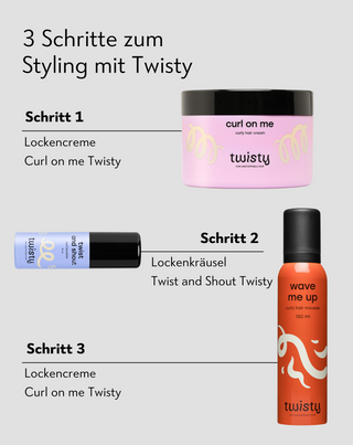 Set aus Creme + Mousse + Booster zur Pflege und zum Stylen von lockigem und welligem Haar Twisty