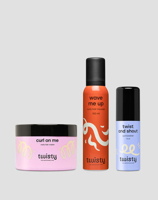 Set aus Creme + Mousse + Booster zur Pflege und zum Stylen von lockigem und welligem Haar Twisty