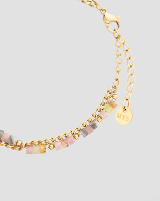 Vergoldetes Edelstahlarmband mit rosa und zitronengelber Jade Mys_4
