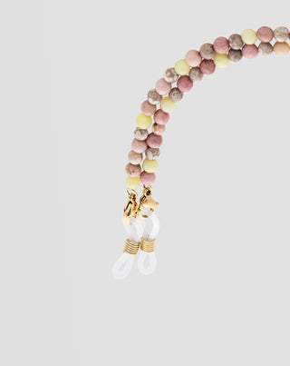 Vergoldete Brillenkette mit rosa und zitronengelber Jade Mys_3