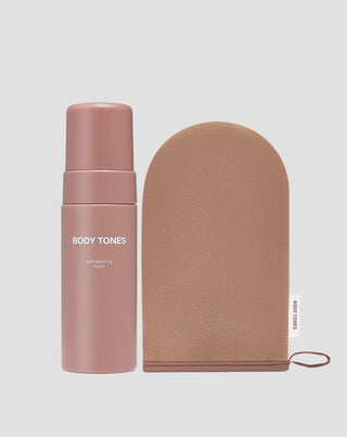 Selbstbräuner-Körperschaum-Set für jeden Hautton und Body Tones-Handschuh