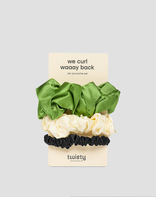 Set Haargummis Twisty aus 100% Naturseide - grün, creme, schwarz 3 Stück.