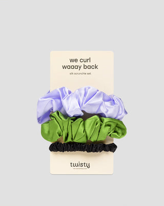 Set Haargummis Twisty aus 100% Naturseide - violett, grün, schwarz 3 Stück