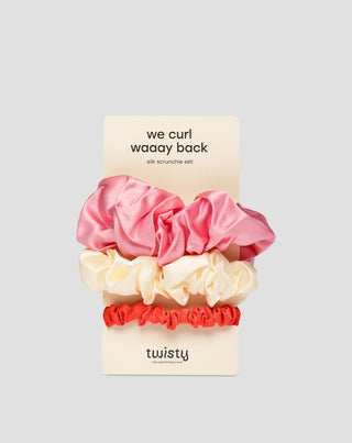 Set Haargummis Twisty aus 100% Naturseide - rosa, creme, rot 3 Stück.