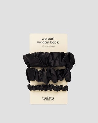 Set schwarzer Haargummis Twisty aus 100% Naturseidez 3 Stück. Twisty