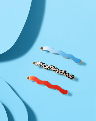 Set gewellte Haarnadeln - marmoriert, blau, rot, Twisty 3 Stück