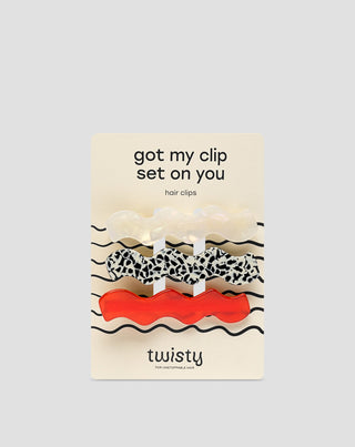 Set gewellte Haarspangen - rot, marmoriert, Perle Twisty 3 Stück