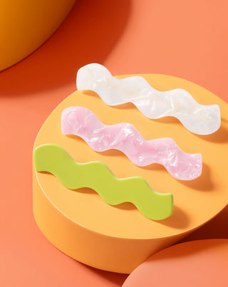 Set gewellte Haarspangen - grün, rosa, Perle, Twisty, 3 Stück
