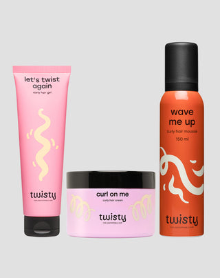 Set aus Lockencreme + Schaum + Stylinggel für die Pflege und das Styling von lockigem und welligem Haar Twisty