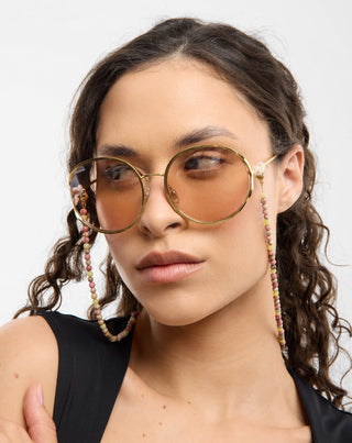 Vergoldete Brillenkette mit rosa und zitronengelber Jade Mys_2