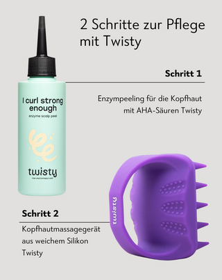 Silikonisches Massagegerät-Set + Enzympeeling zur Reinigung und Stimulierung der Mikrozirkulation der Kopfhaut Twisty