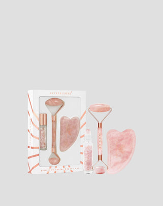 Gesichtsroller + Gua Sha Platte + Roll-on Fläschchen Rosequarz Schönheitsset Crystallove - 1