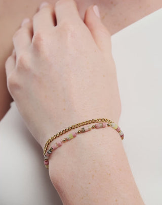 Vergoldetes Armband mit Natursteinen rosa und Zitronenjade Mys - 6